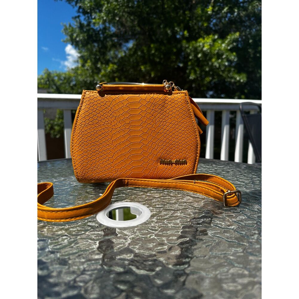 Min Min Mustard Yellow Faux Snakeskin Mini Crossbody Bag Top Handle Purse NWOT